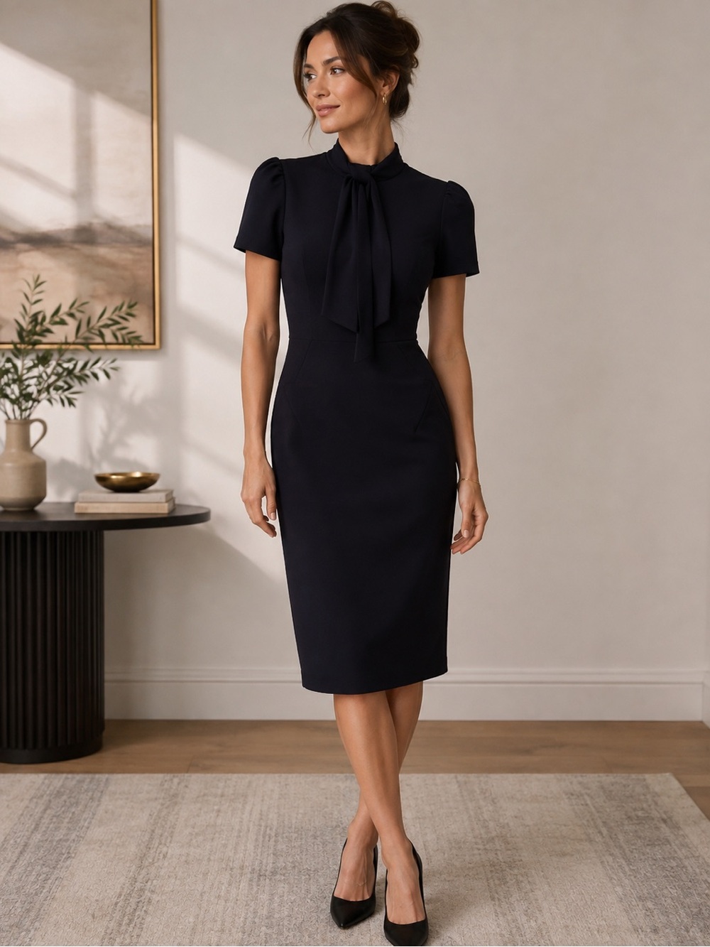Maggy London Black Tie-Neck Midi Sheath Dress
